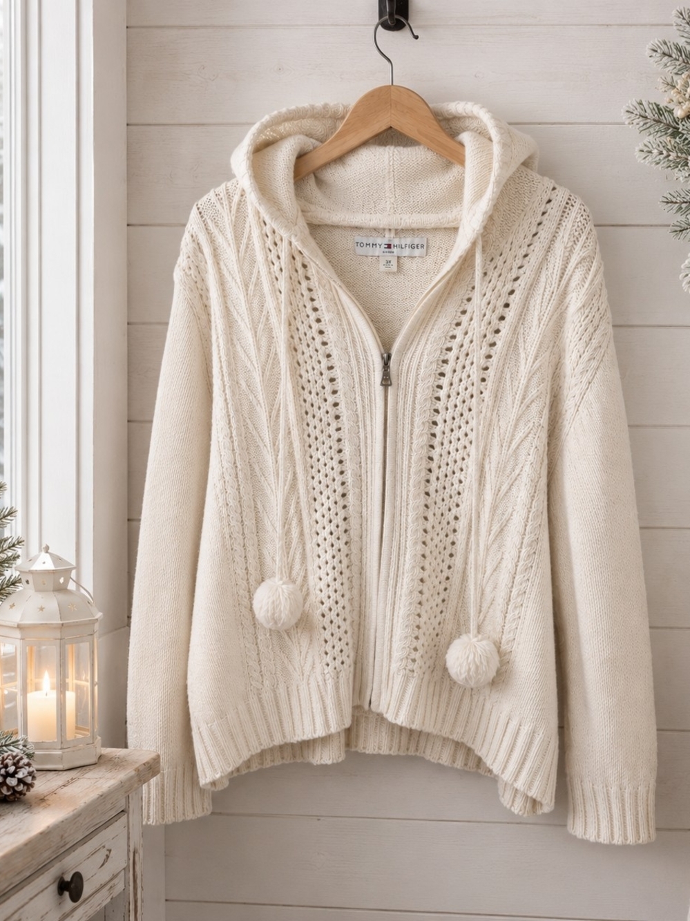 Tommy Hilfiger 3X Cream Cable Knit Hooded Zip Cardigan Cotton Pom Pom